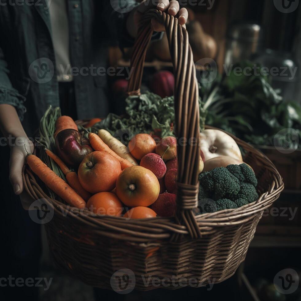 vrouw bladeren de markt met een mand of een groot pakket vol van fruit en groenten. generatief ai foto