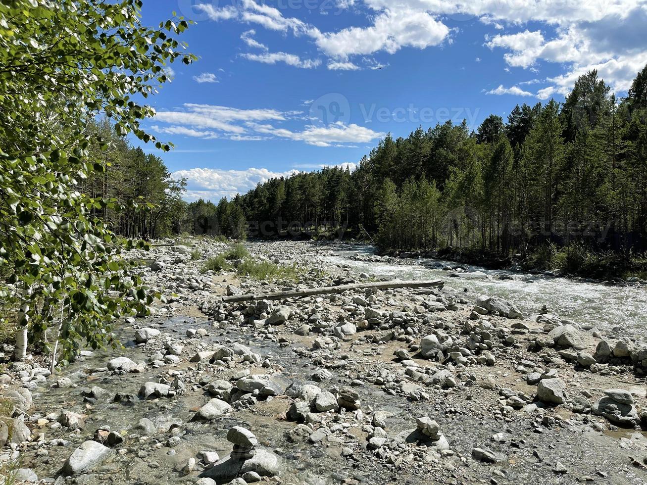 berg rivier- vloeiende in een vallei in een Woud, buryatie, Rusland foto