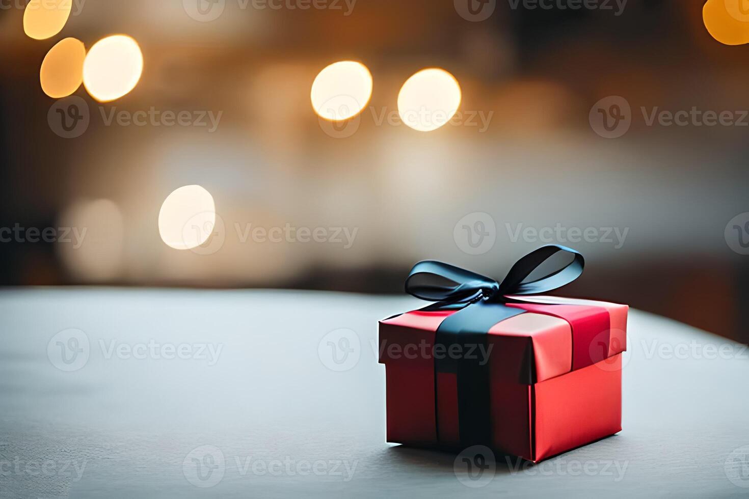 klein schattig rood geschenk doos met bokeh achtergrond met sommige negatief ruimte naar zetten tekst, achtergrond en achtergrond. foto