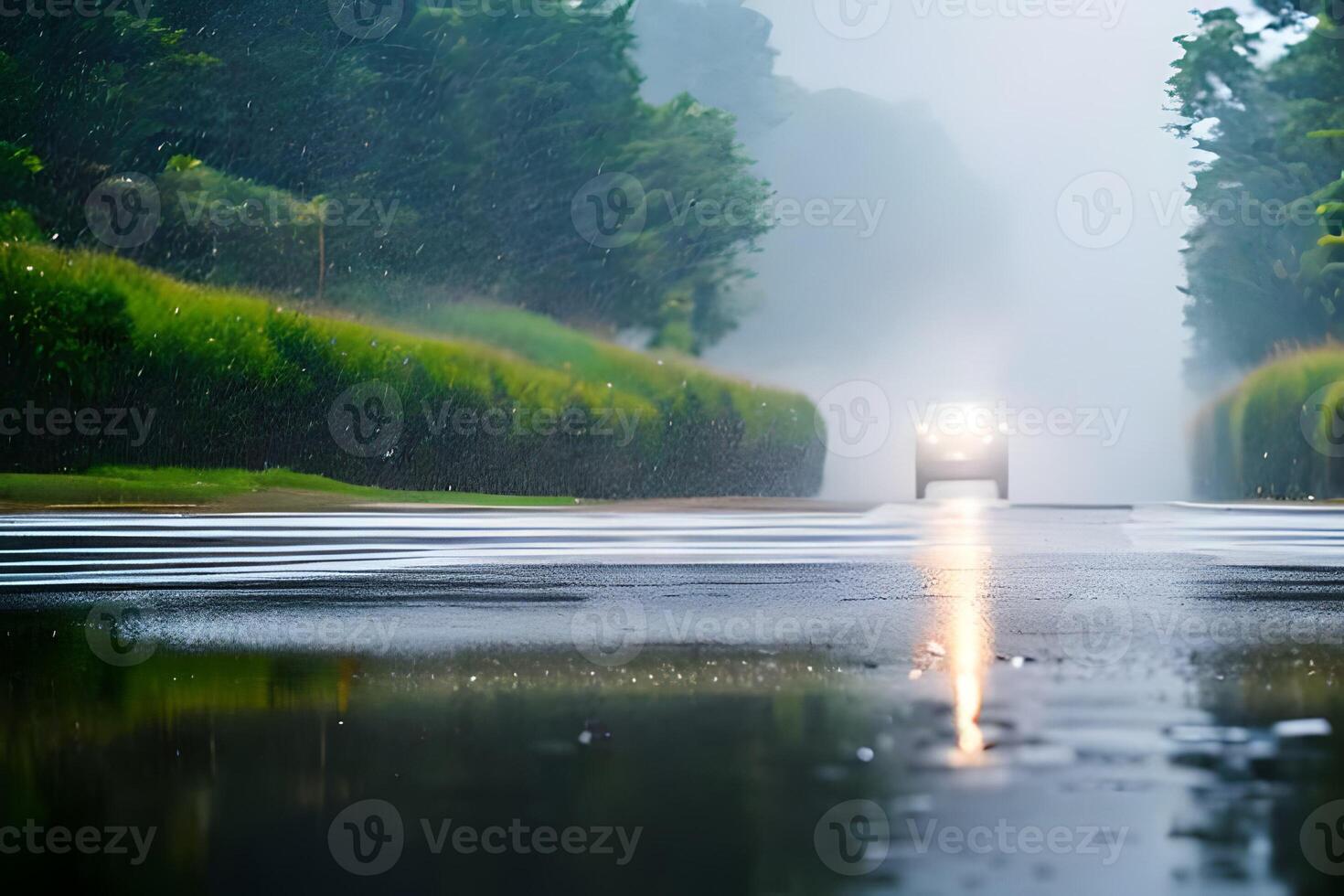 zwaar regen laten vallen Bij midden- van de weg oppervlakte bokeh achtergrond. foto