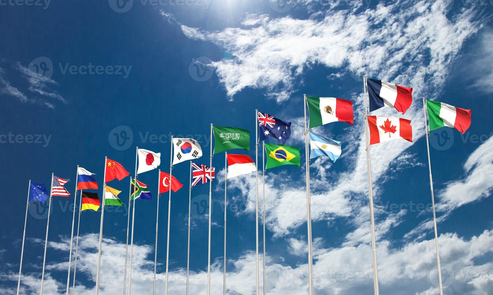 g20 vlag blauw lucht land Internationale g twintig wereld aarde globaal planeet top Verenigde Staten van Amerika Amerika Rusland Japan China Duitsland Italië twintig economie politiek regering lid verhouding strategie.3d geven foto