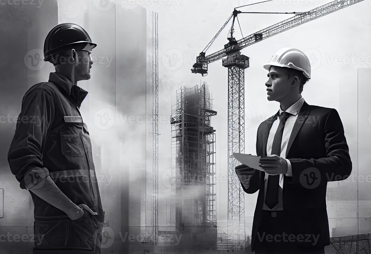 discussie van werk door een civiel ingenieur met een architect Bij een bouw plaats tegen de backdrop van een toren kraan en een hoog stijgen gebouw onder bouw foto