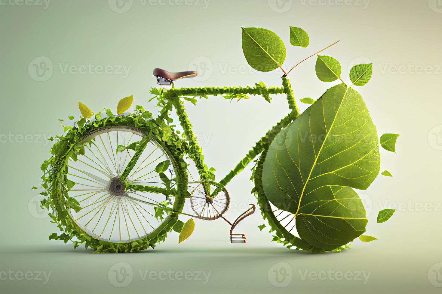 fiets gedekt met groen blad rank, eco en milieu concept, duurzame vervoer en reizen foto