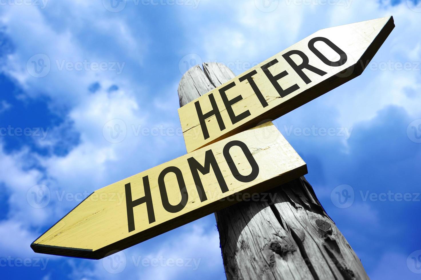hetero, homo - houten wegwijzer met twee pijlen en lucht in achtergrond foto