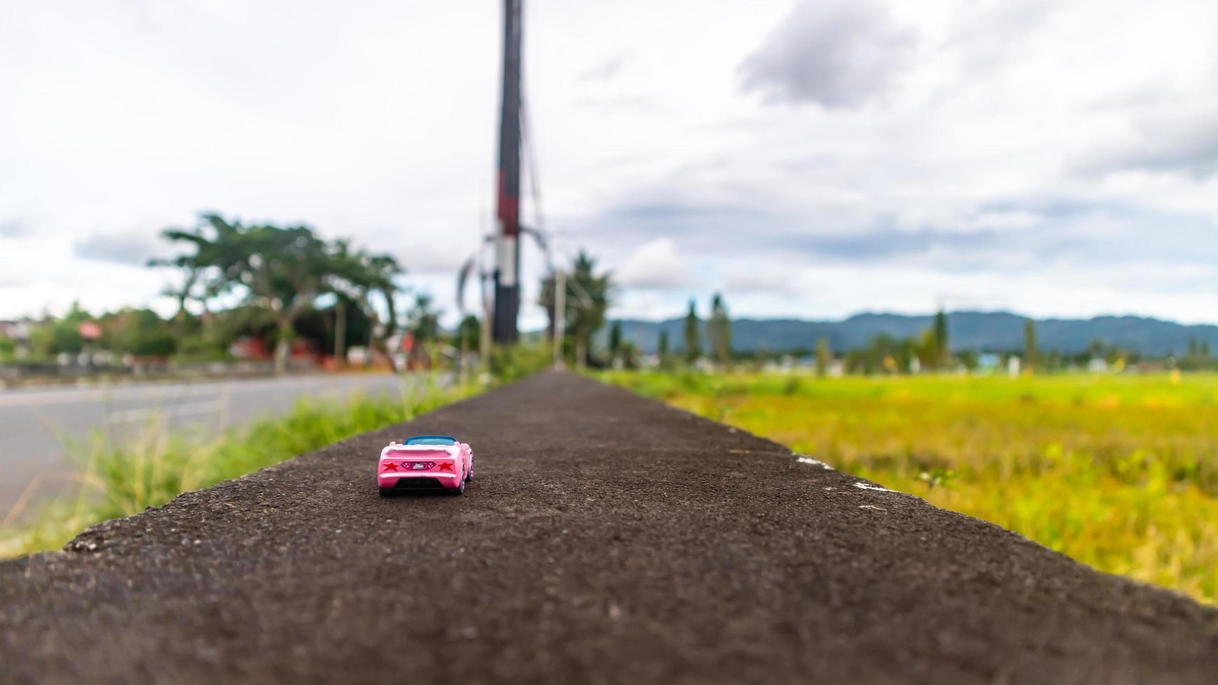 minahasa, Indonesië januari 2023, speelgoed- auto in de rijst- veld- foto