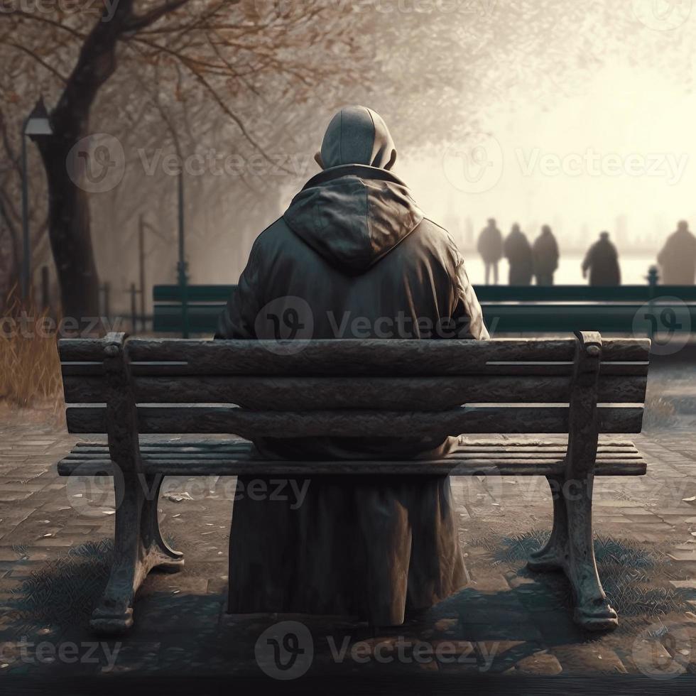 terug visie van eenzaam Mens zitten Aan houten bank in de openbaar park, gemaakt met generatief ai foto