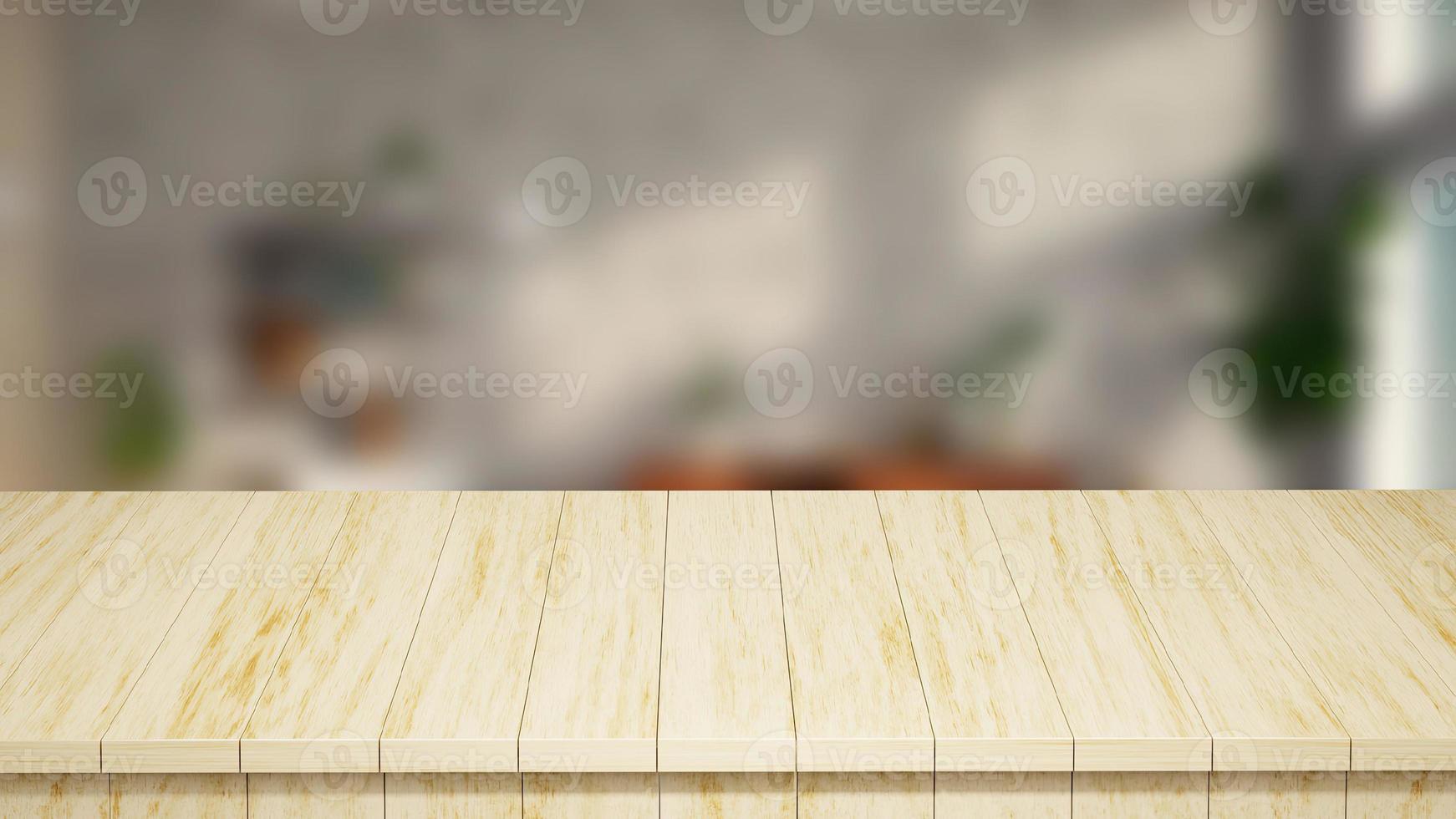 realistisch hout tafel top voorkant visie 3d geven met een wazig achtergrond foto