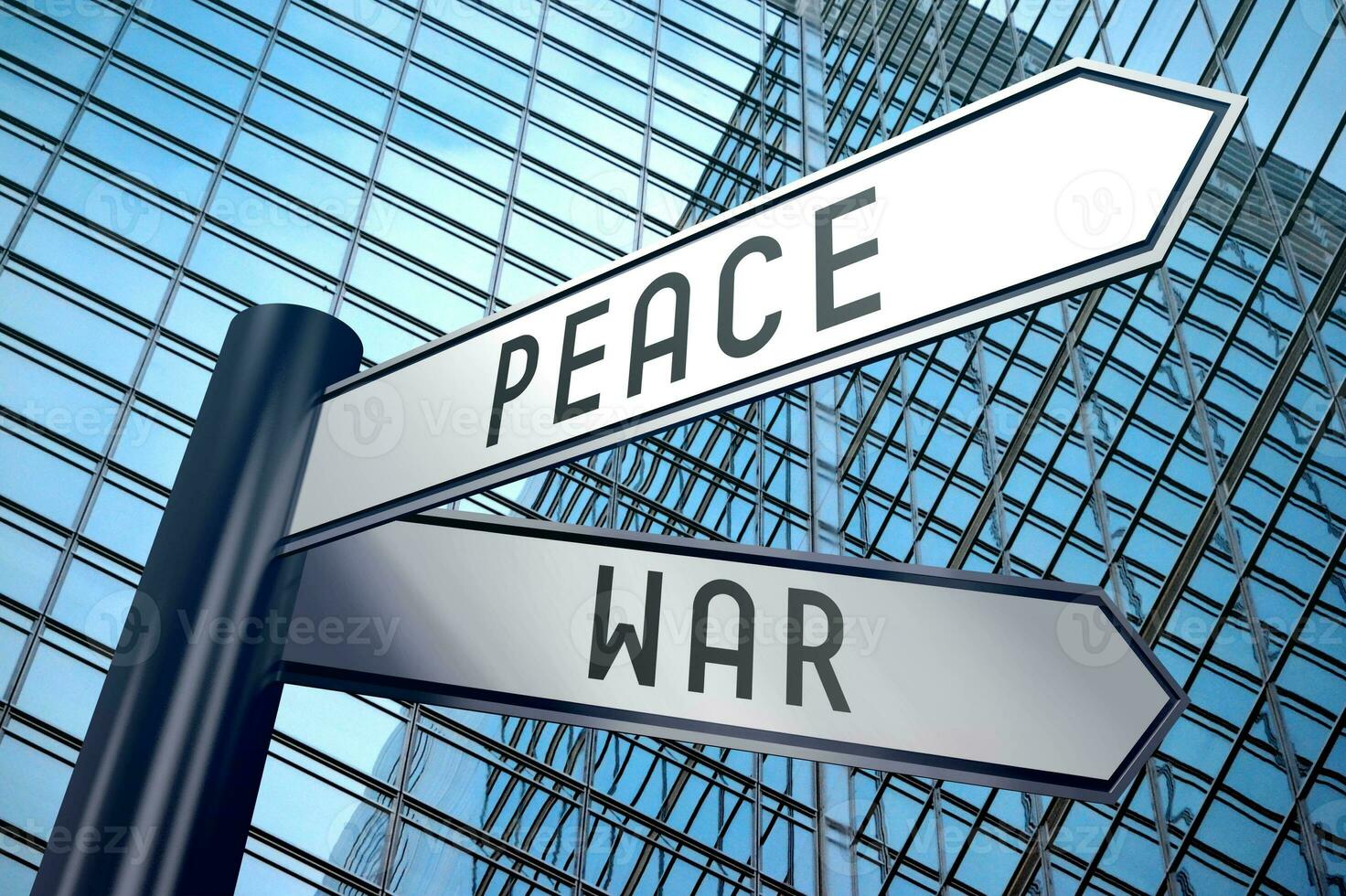 oorlog en vrede - wegwijzer met twee pijlen, kantoor gebouw in achtergrond foto
