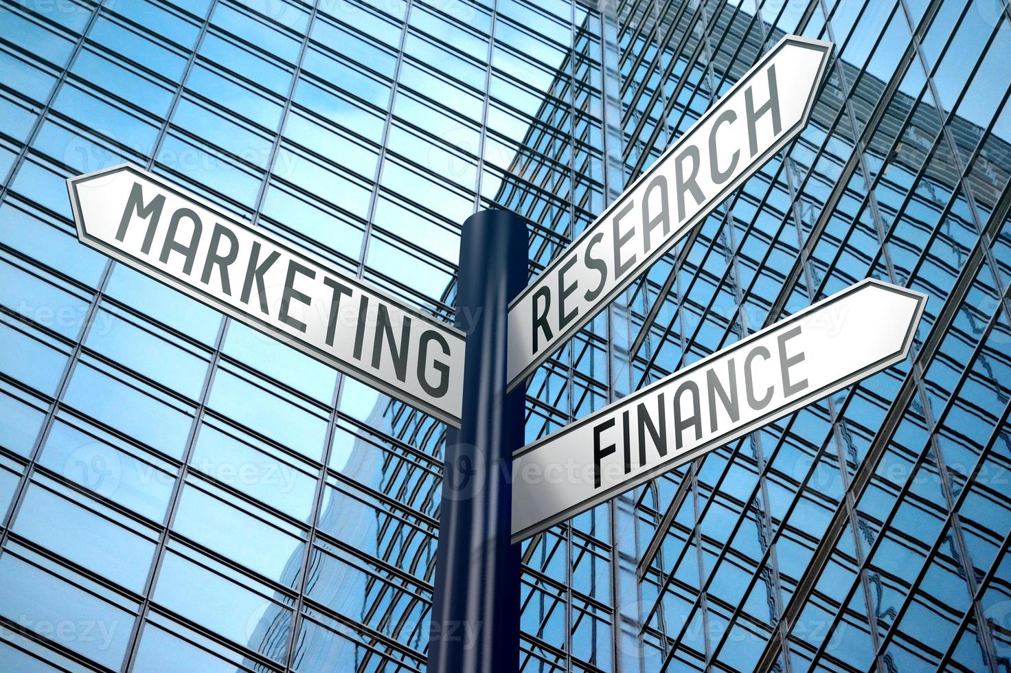 marketing, Onderzoek, financiën - wegwijzer met drie pijlen, kantoor gebouw in achtergrond foto