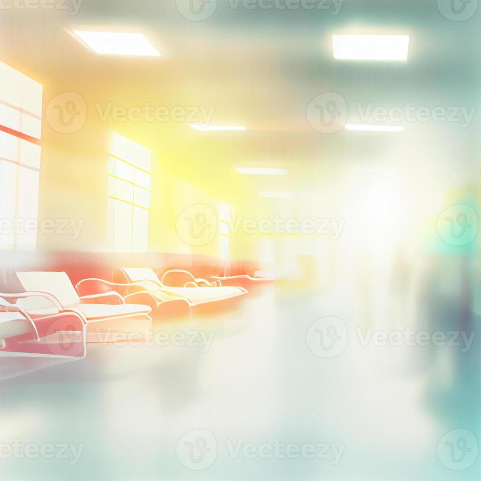 licht vervagen luxe ziekenhuis gang afdeling, wazig achtergrond van kliniek interieur met onscherp effect. Gezondheid zorg en medisch concept - ai gegenereerd beeld foto