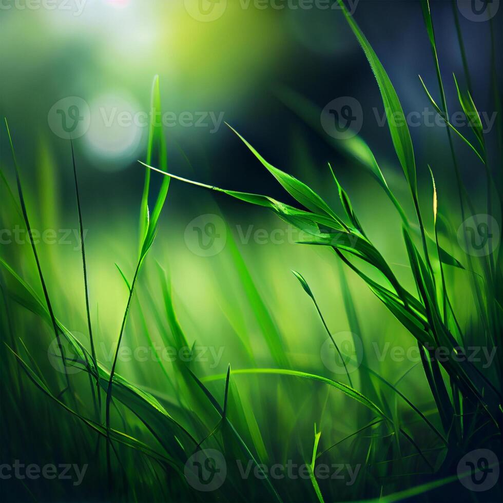 mooi structuur van groen weide gras met dauw druppels dichtbij omhoog, abstract vervagen natuurlijk bokeh achtergrond - ai gegenereerd beeld foto