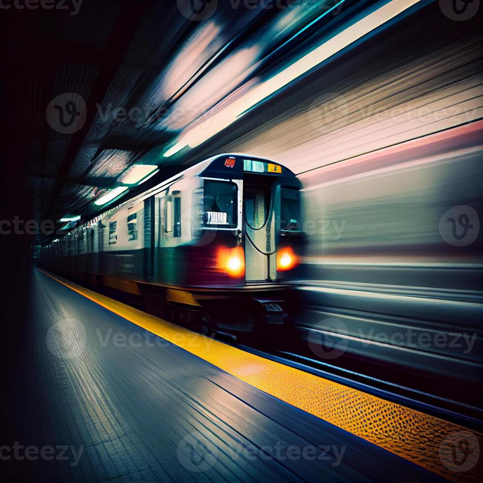 metro station, te hard rijden snel trein, mensen haasten naar de elektrisch trein, wazig achtergrond - ai gegenereerd beeld foto