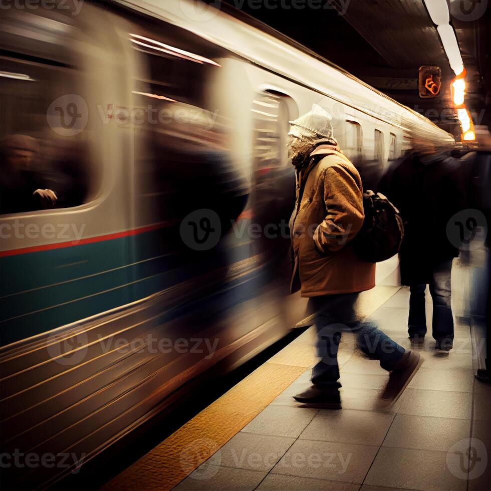 metro station, te hard rijden snel trein, mensen haasten naar de elektrisch trein, wazig achtergrond - ai gegenereerd beeld foto