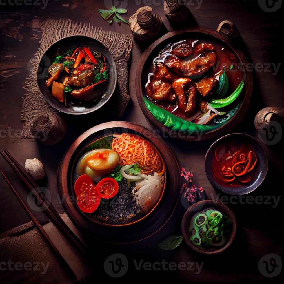 mooi gevarieerd Aziatisch voedsel Aan een donker achtergrond - ai gegenereerd beeld foto