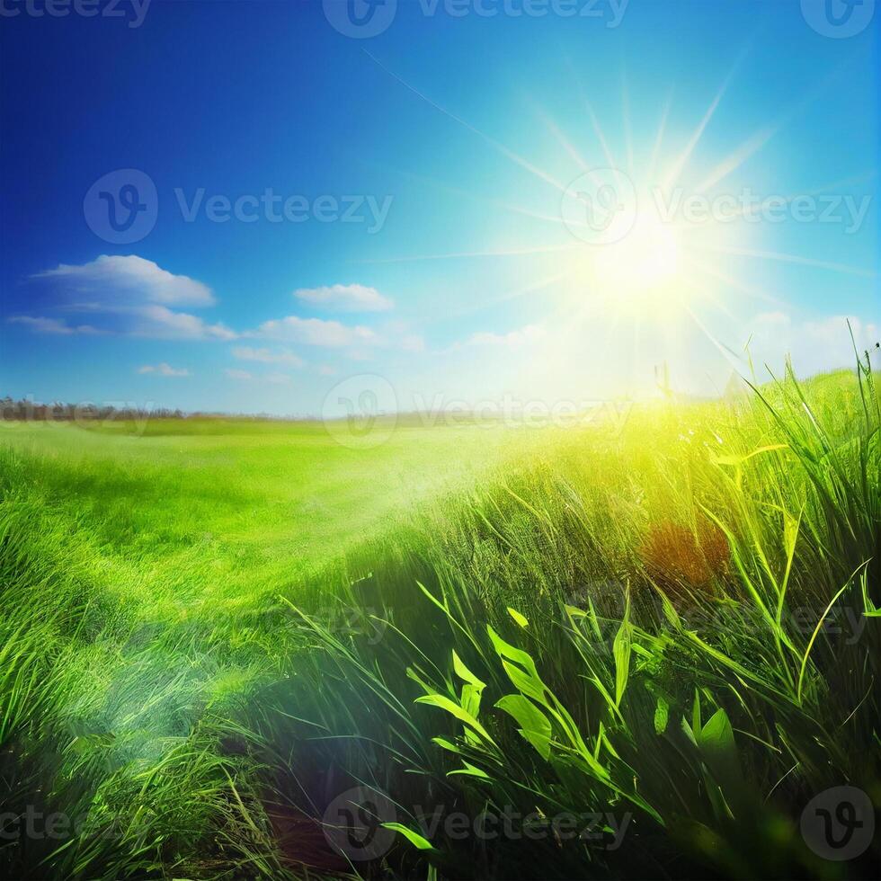 helder zon schijnt Aan groen ochtend- met gras begroeid weide, helder blauw lucht - ai gegenereerd beeld foto