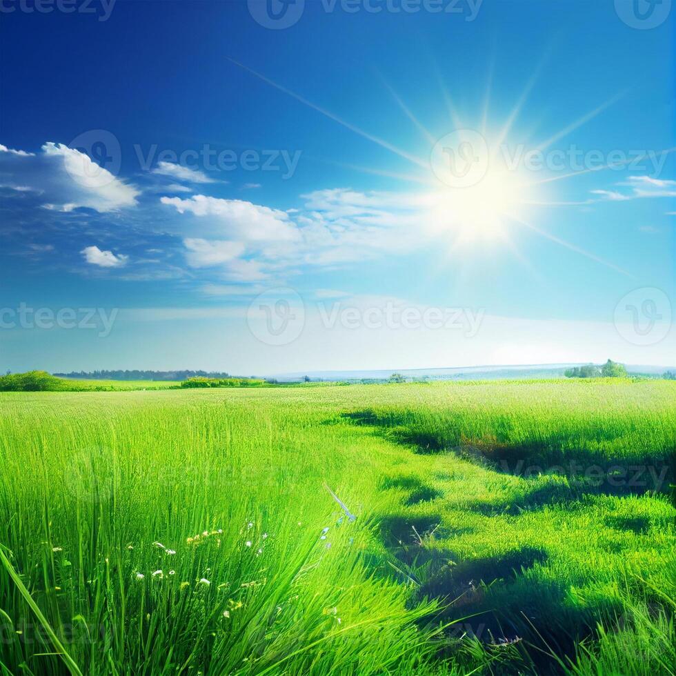 helder zon schijnt Aan groen ochtend- met gras begroeid weide, helder blauw lucht - ai gegenereerd beeld foto