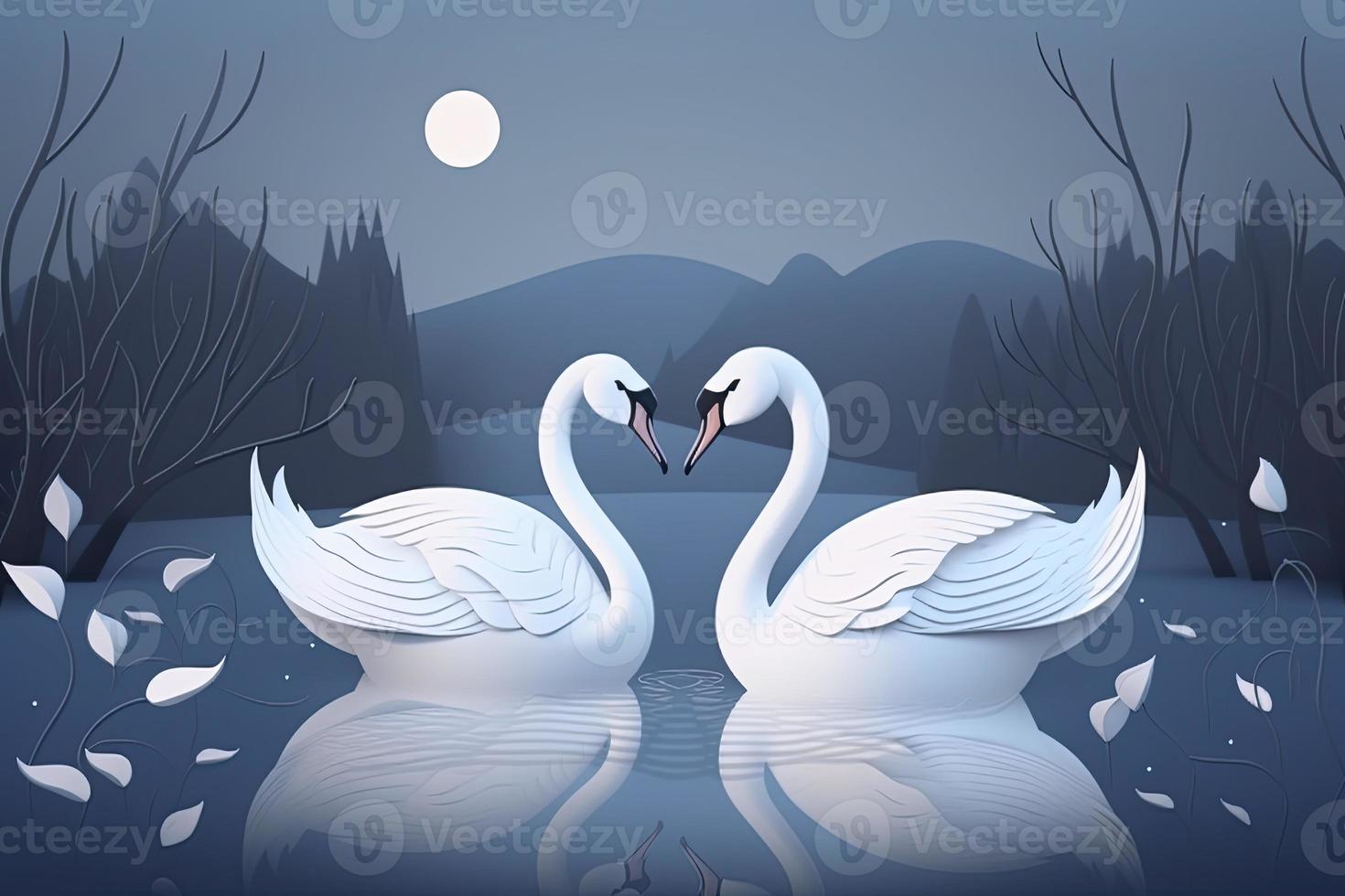 valentijnsdag dag met twee zwanen Aan een blauw nevel achtergrond foto