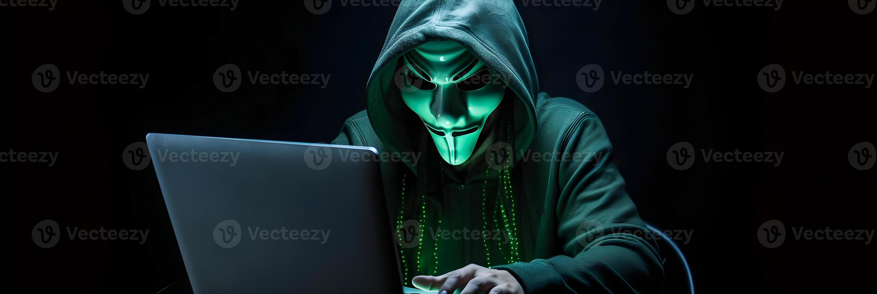 onthulling de raadselachtig wereld van cybercriminaliteit. een wit gemaskeerd hacker's voorkant visie temidden van donker kap en groen Matrix code achtergrond foto