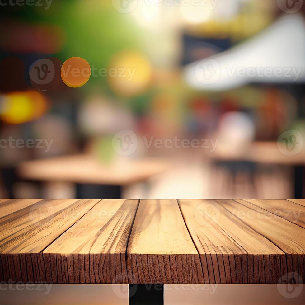 houten tafel top in cafe wazig bokeh achtergrond - ai gegenereerd beeld foto