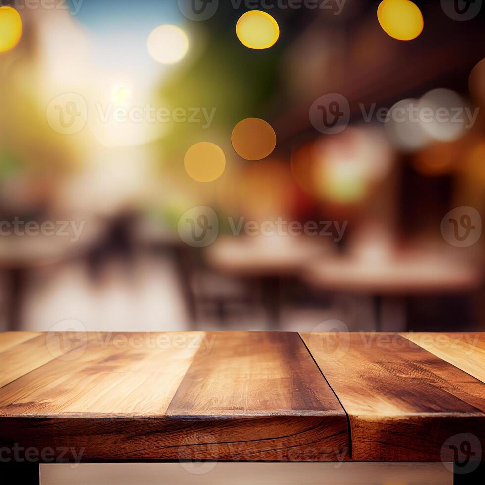 houten tafel top in cafe wazig bokeh achtergrond - ai gegenereerd beeld foto