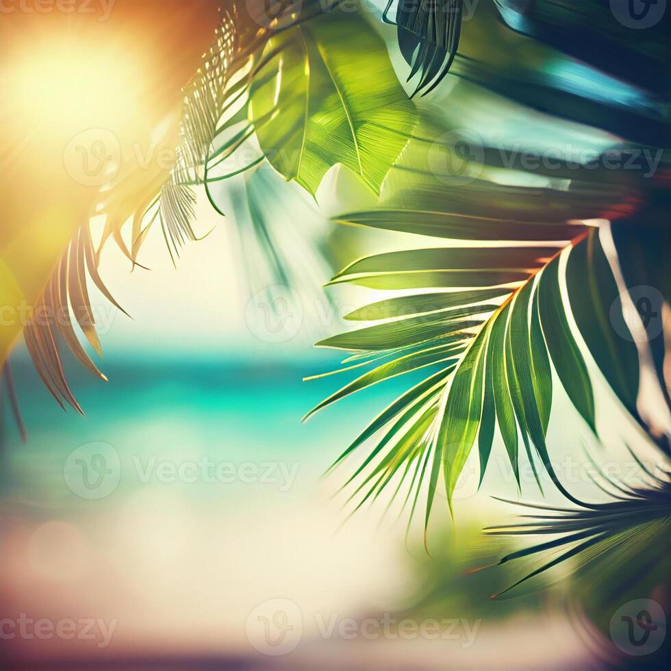 vervagen mooi natuur groen palm blad Aan tropisch strand met bokeh zon licht gloed Golf abstract achtergrond. zomer vakantie en bedrijf reizen concept ruimte - ai gegenereerd beeld foto