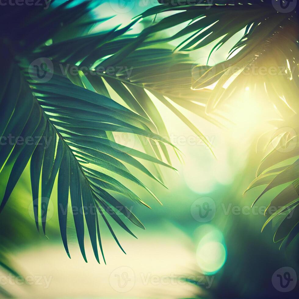 vervagen mooi natuur groen palm blad Aan tropisch strand met bokeh zon licht gloed Golf abstract achtergrond. zomer vakantie en bedrijf reizen concept ruimte - ai gegenereerd beeld foto