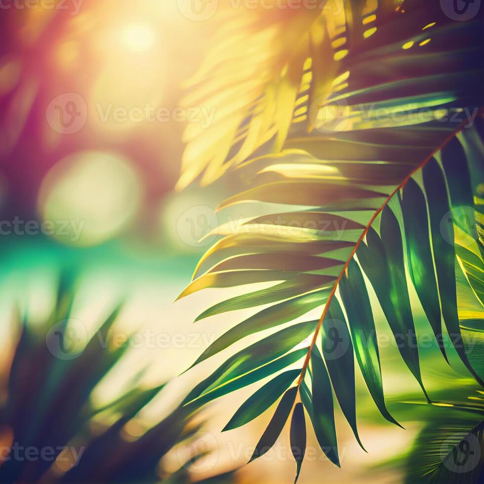 vervagen mooi natuur groen palm blad Aan tropisch strand met bokeh zon licht gloed Golf abstract achtergrond. zomer vakantie en bedrijf reizen concept ruimte - ai gegenereerd beeld foto