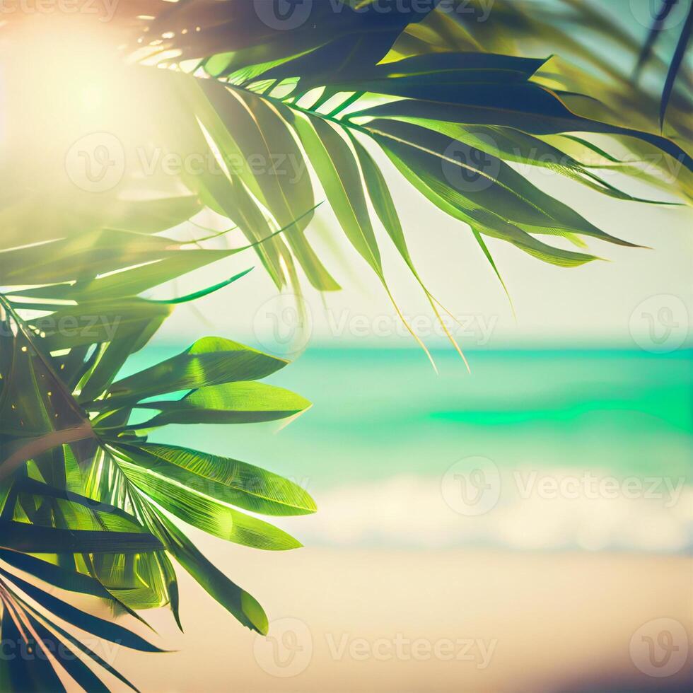 vervagen mooi natuur groen palm blad Aan tropisch strand met bokeh zon licht gloed Golf abstract achtergrond. zomer vakantie en bedrijf reizen concept ruimte - ai gegenereerd beeld foto