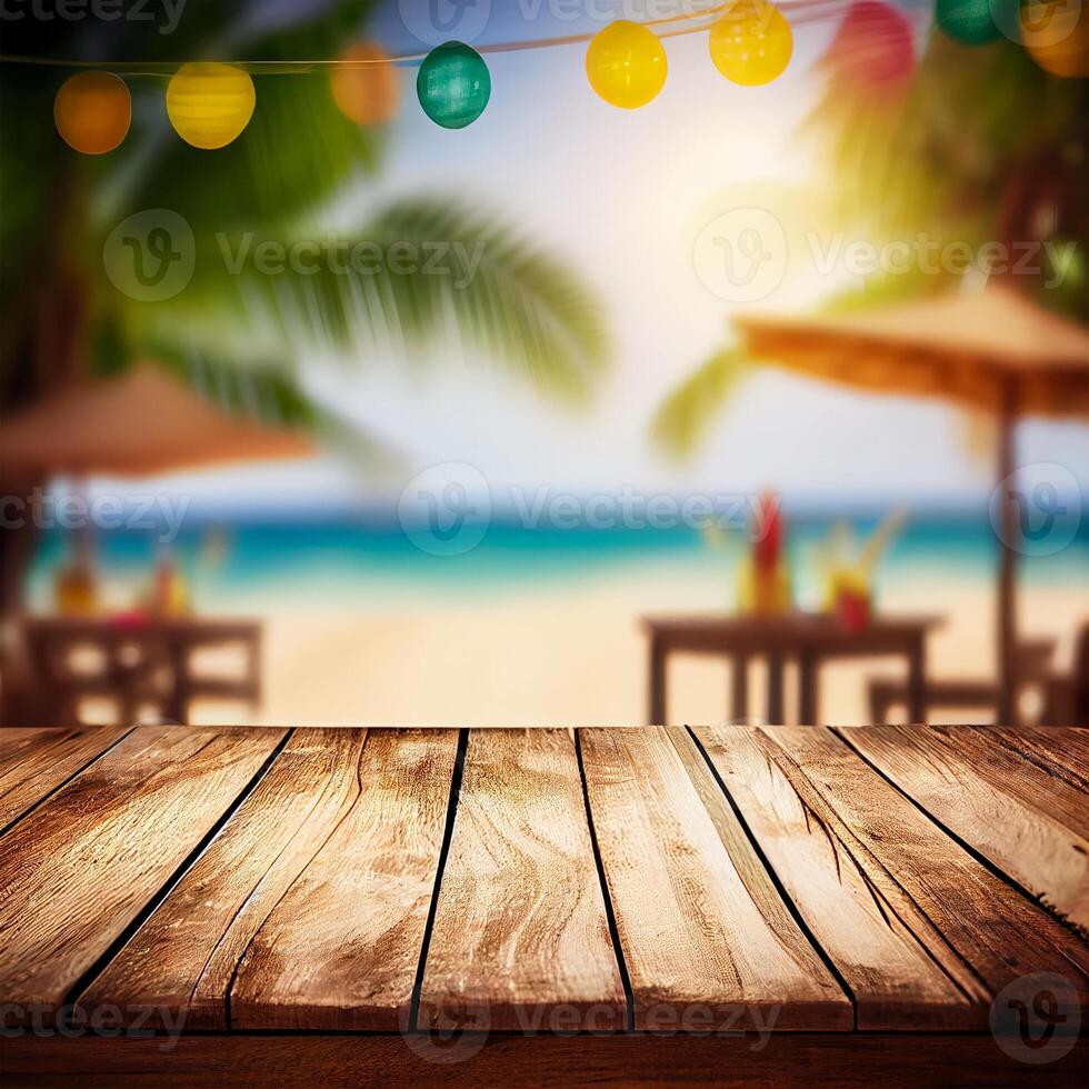 oud houten tafel top Aan wazig strand achtergrond met kokosnoot palm blad. concept vakantie, zomer, strand, zee - ai gegenereerd beeld foto