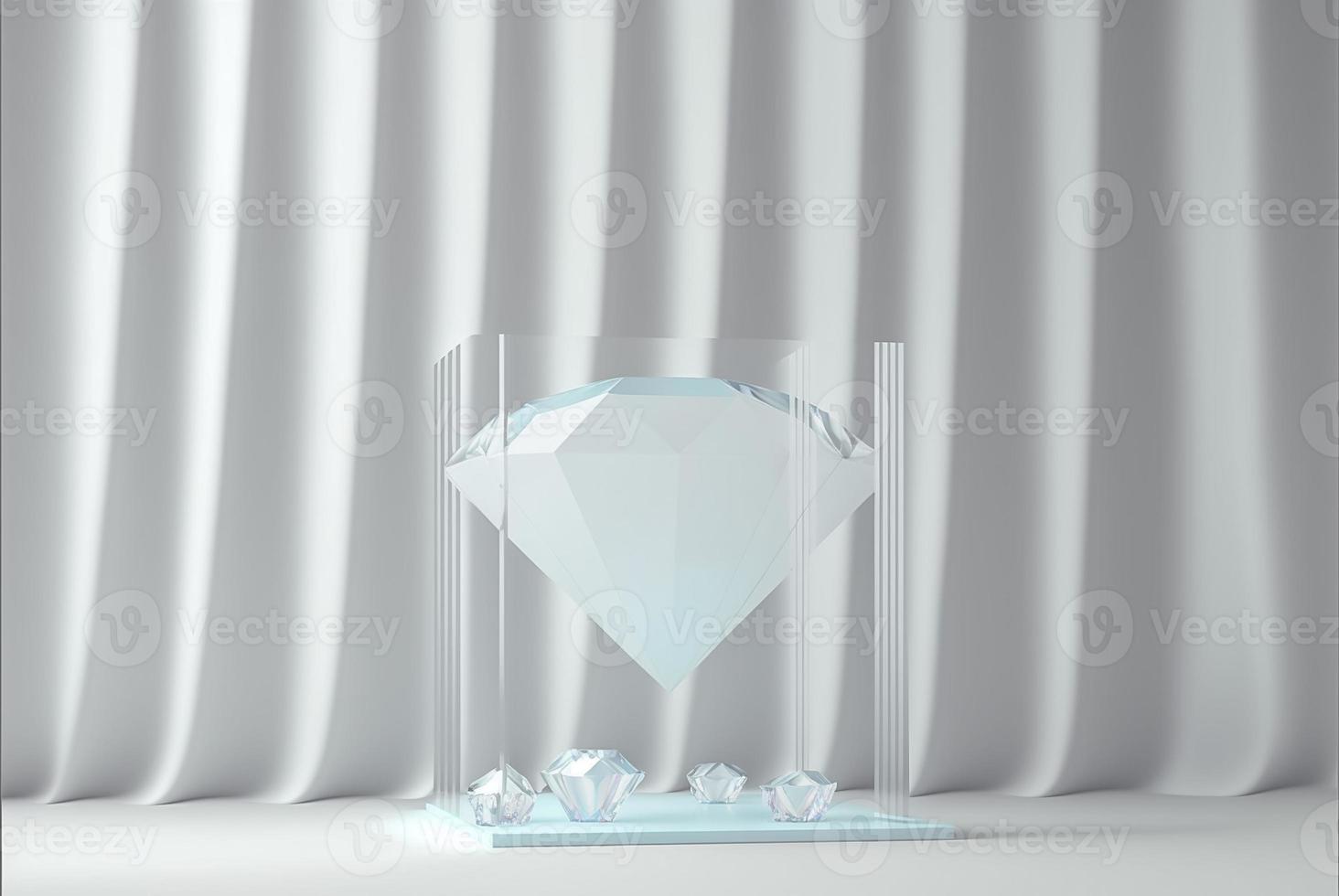 foto podium glas diamant met glanzend gordijn luxe wit achtergrond,3d Product Scherm