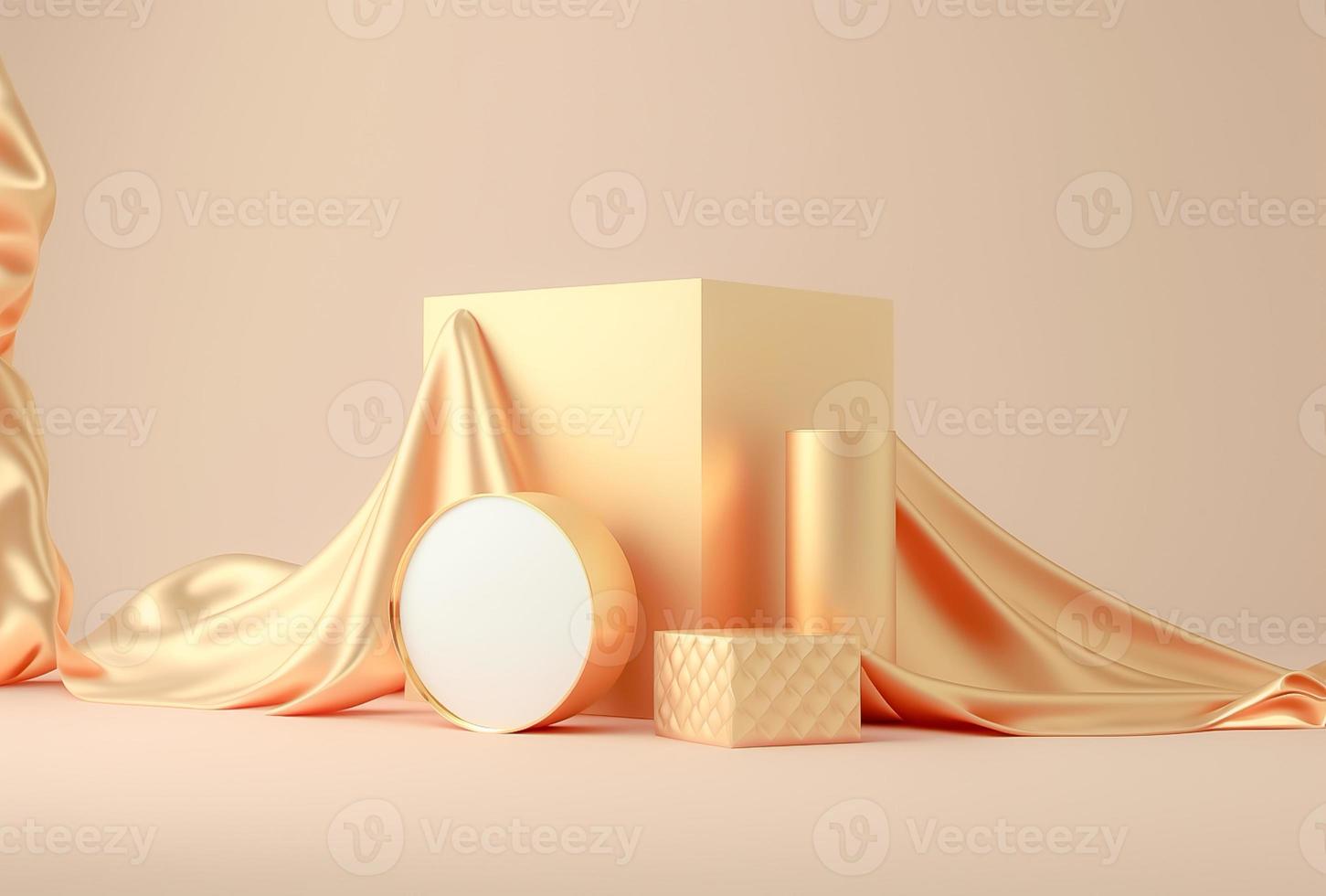 luxe gouden kleding stof en Product Scherm geplaatst blanco podium plank Aan beige achtergrond foto