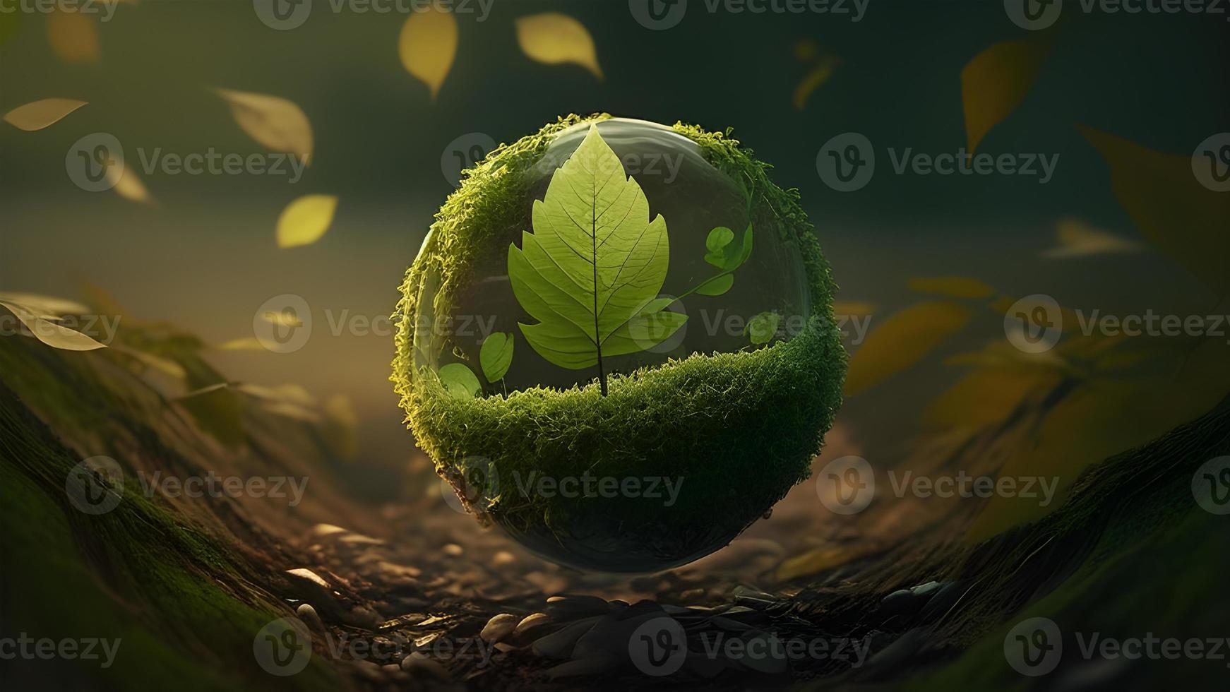 de betoverend schoonheid van een groen glas wereldbol met groen bladeren badend in ochtend- zonlicht foto