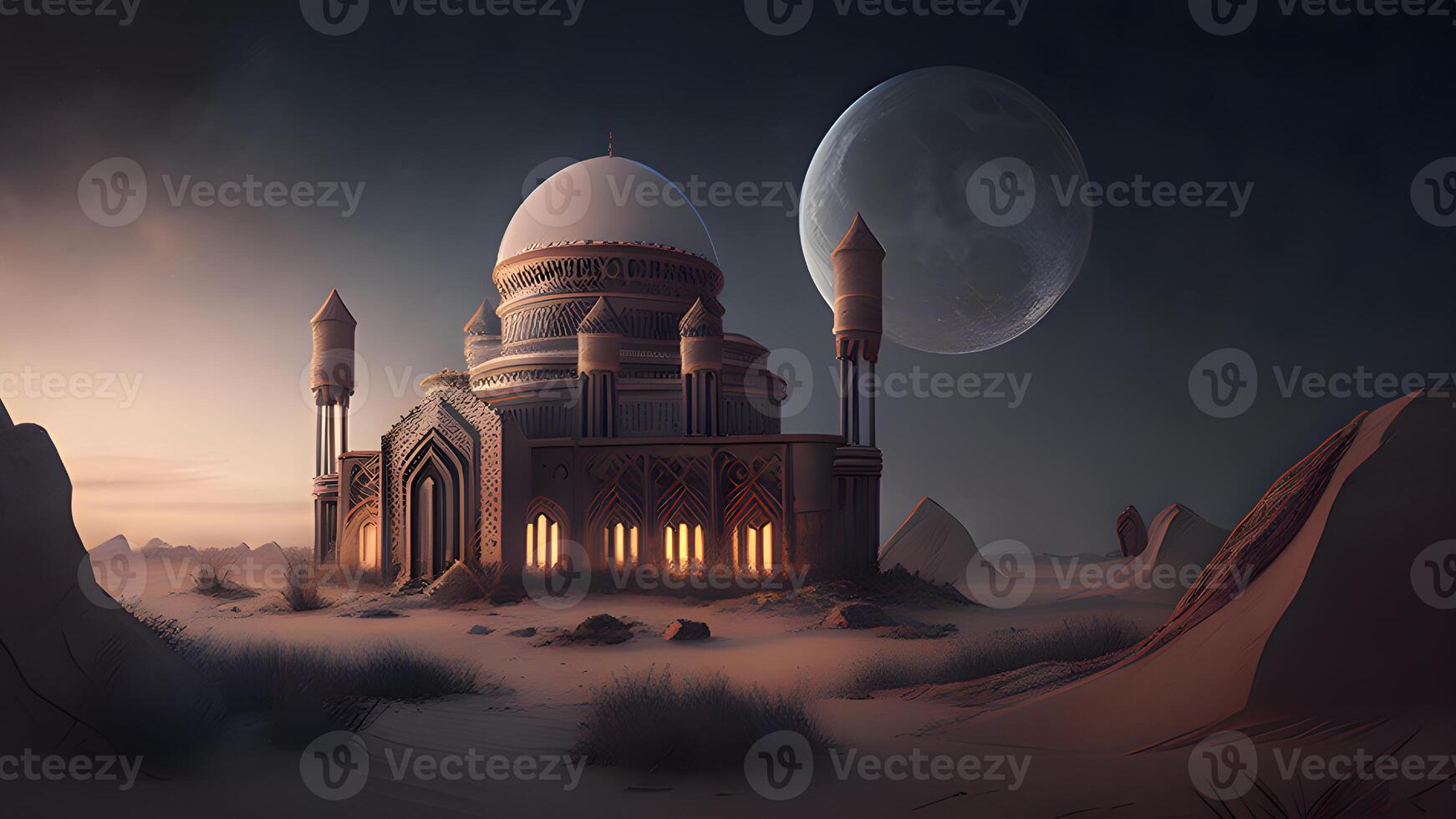 Ramadan kareem nacht visie achtergrond met historisch moskee en maan architectuur, suleymaniye Arabisch moskee in Istanbul, kalkoen. generatief ai. foto