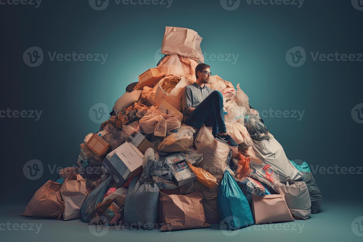 Mens zit Aan top van stapel van vuilnis Tassen. concept van overconsumptie en verontreiniging van milieu door menselijk afval. gemaakt met generatief ai foto