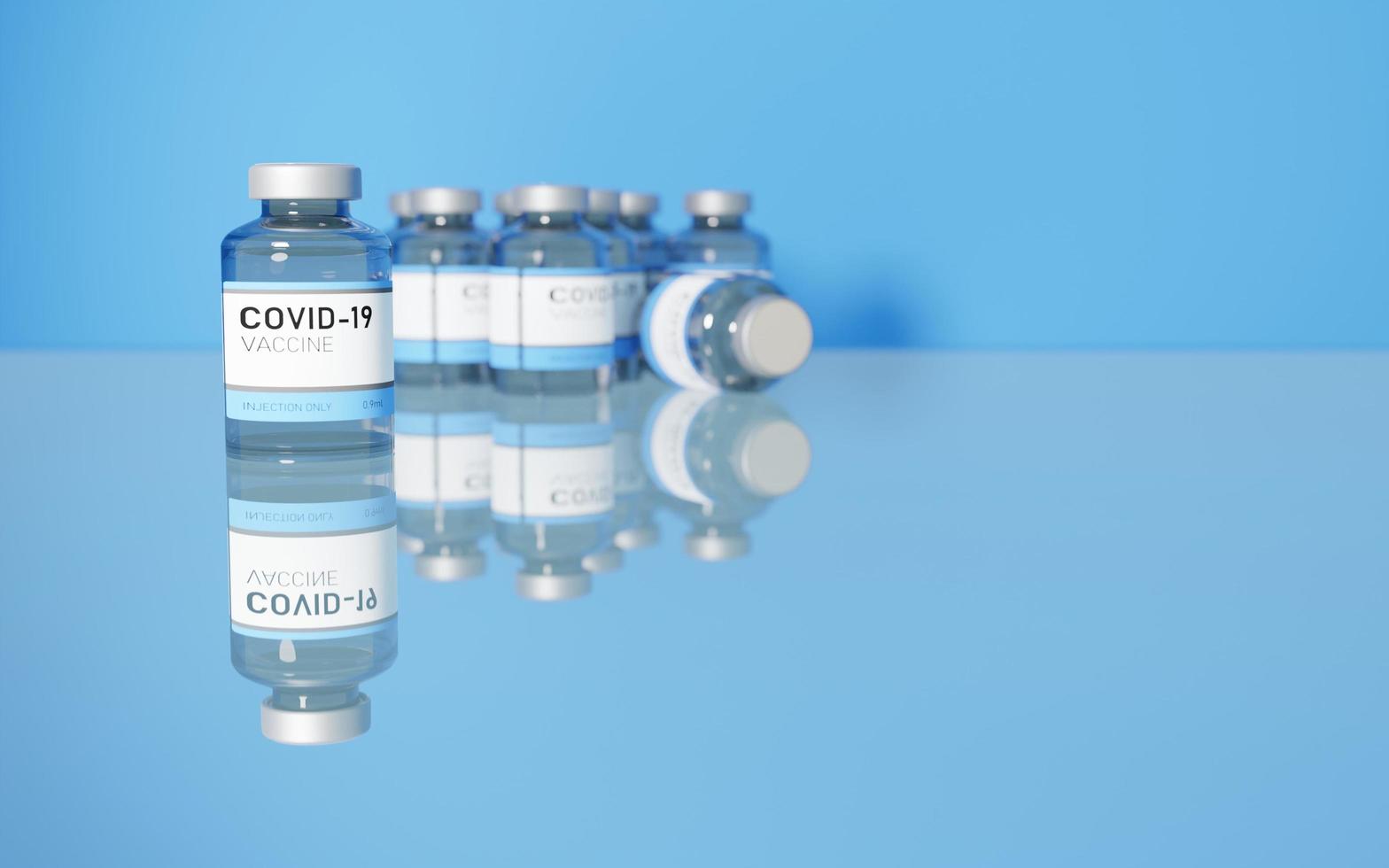 coronavirusvaccin op een witte tafel met een blauwe achtergrond, 3D-rendering foto