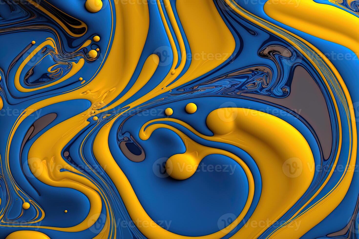 generatief ai, vloeiende vloeistof met spatten in blauw en geel kleur. glanzend oekraïens vlag vloeistof banier, 3d effect, modern macro fotorealistisch abstract achtergrond illustratie. foto