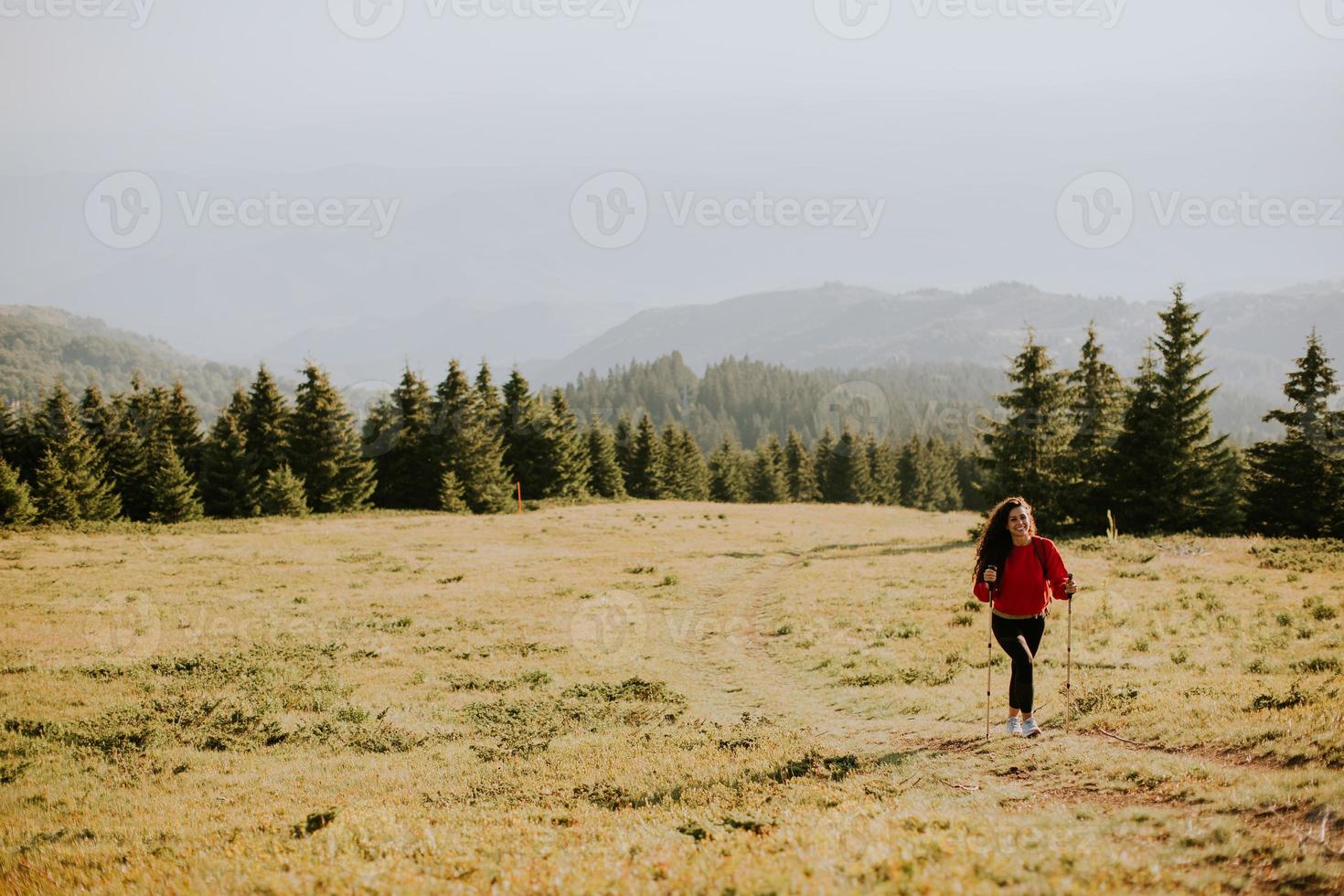 jong vrouw wandelen met rugzak over- groen heuvels foto