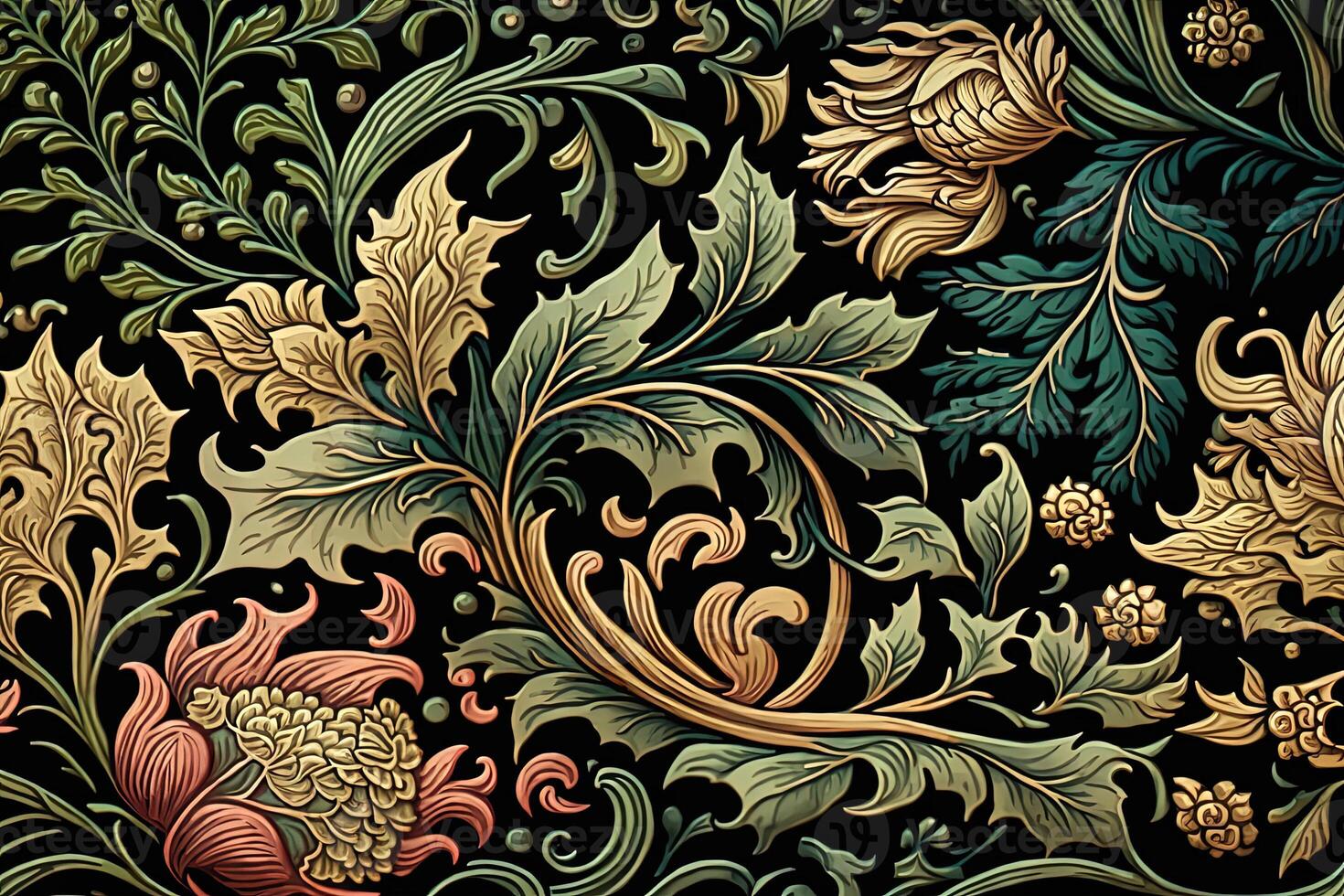 generatief ai, bloemen kleurrijk patroon. William morris geïnspireerd natuurlijk planten en bloemen achtergrond, wijnoogst illustratie. gebladerte ornament. foto