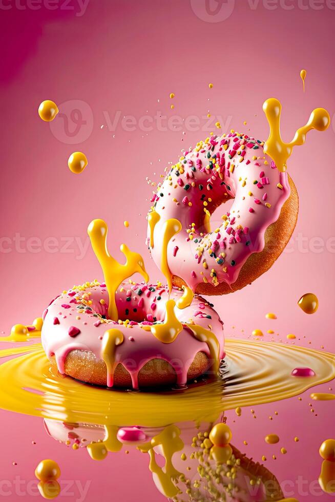 studio schot van roze donuts drijvend over- roze achtergrond. generatief ai. foto