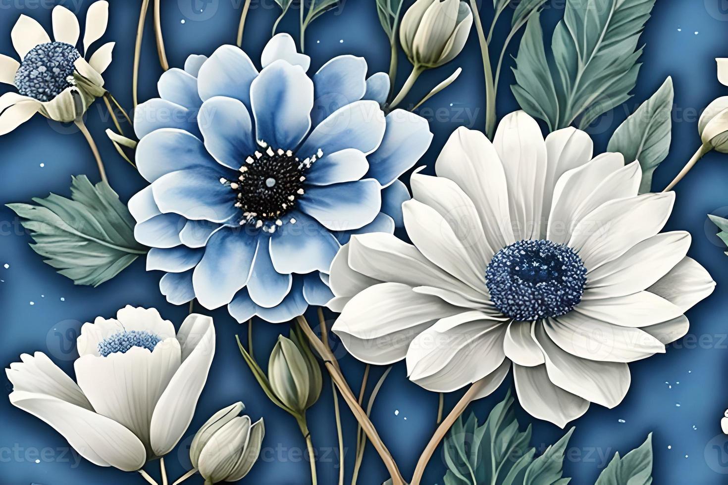 waterverf stoffig blauw en wit bloemen schilderij kunst. achtergrond en patroon structuur behang. foto