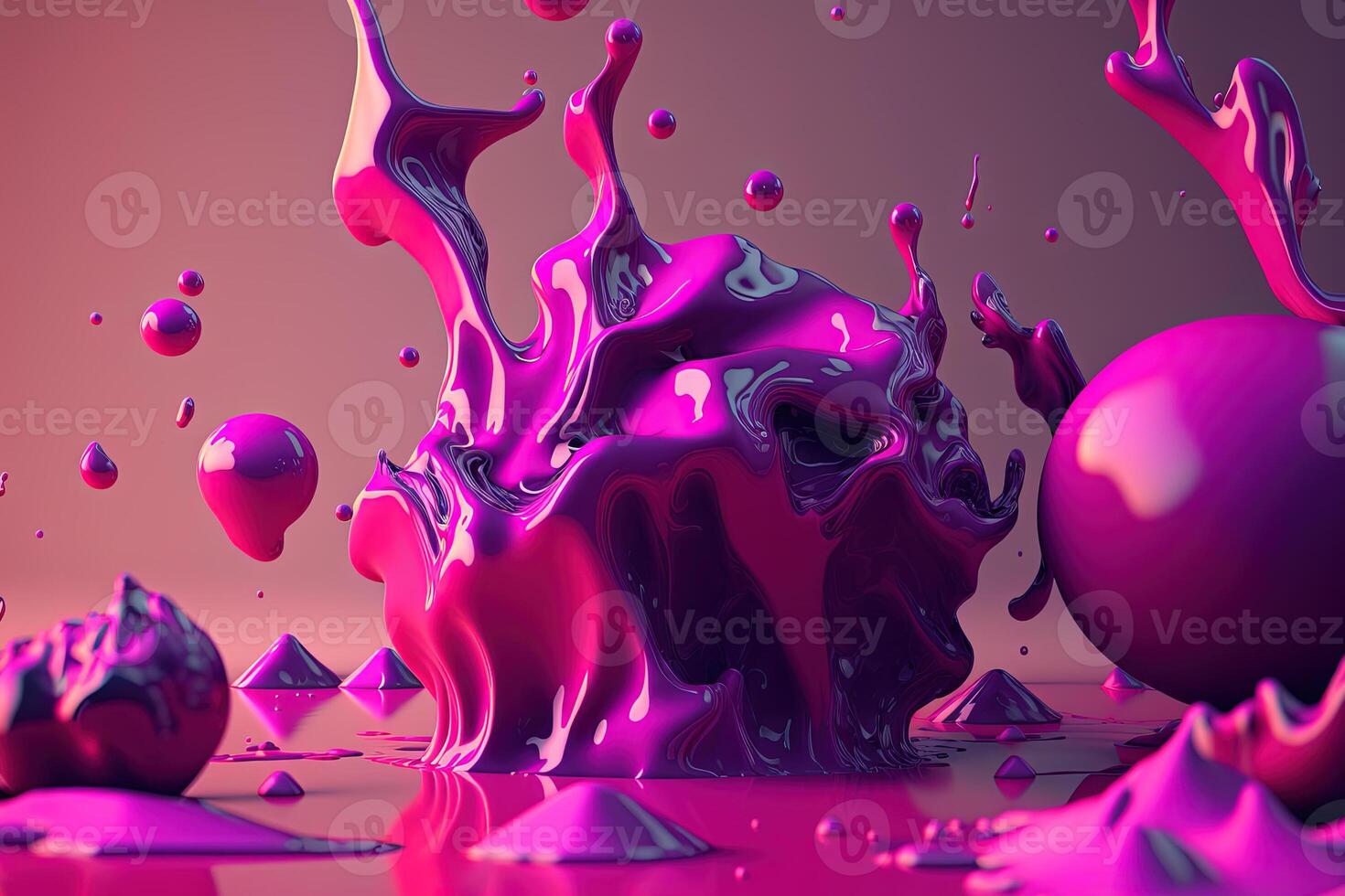 generatief ai, vloeiende vloeistof met spatten in magenta kleur. glanzend roze vloeistof banier, 3d effect, modern macro fotorealistisch abstract achtergrond illustratie. foto