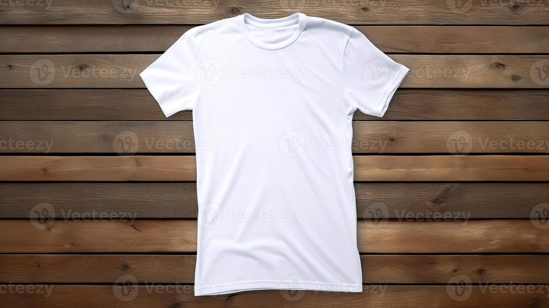 generatief ai, realistisch wit t-shirt bespotten omhoog blanco Aan hout achtergrond voor presentatie reclame. blanco bedrijf concept foto