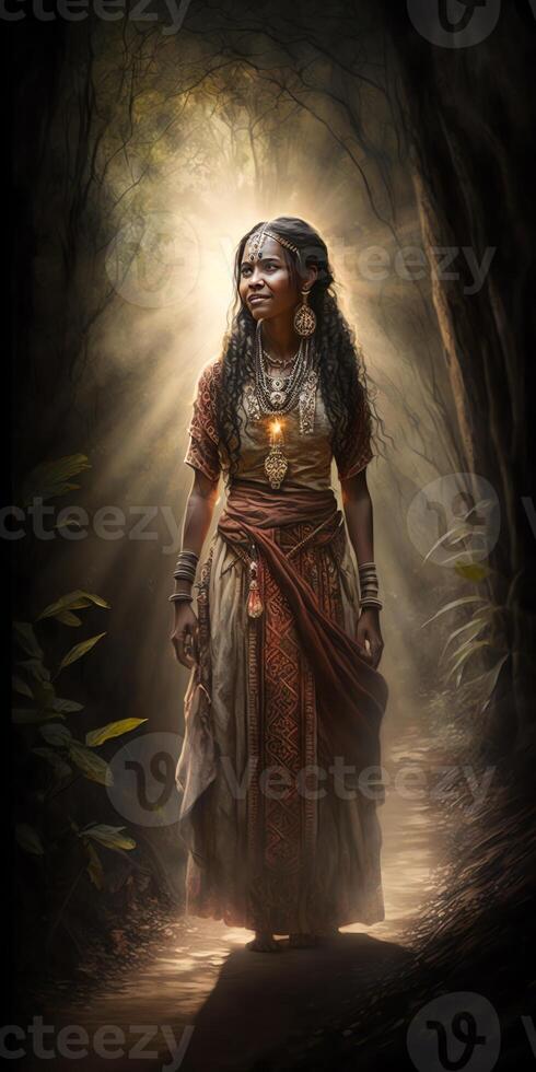 tribal schoonheid, jong Aziatisch vrouw in traditioneel jurk. ai gegenereerd foto
