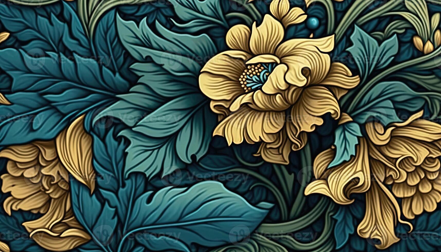 generatief ai, bloemen geel, blauw, groen kleuren patroon. William morris geïnspireerd natuurlijk planten en bloemen achtergrond, wijnoogst illustratie. gebladerte ornament. foto