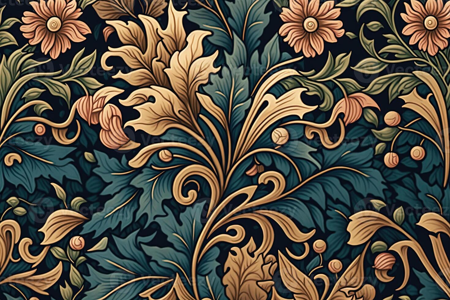 generatief ai, bloemen kleurrijk patroon. William morris geïnspireerd natuurlijk planten en bloemen achtergrond, wijnoogst illustratie. gebladerte ornament. foto