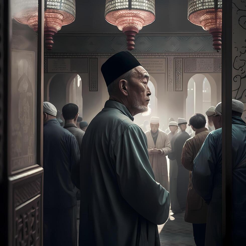 Moslim gebed Bij moskee. ai gegenereerd foto
