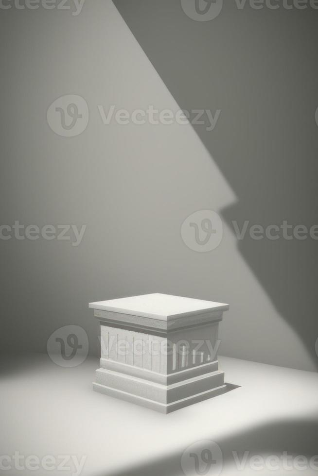 grijs rechthoek podium Aan donker achtergrond met schijnwerpers. voetstuk voor Product Scherm 3d weergegeven foto