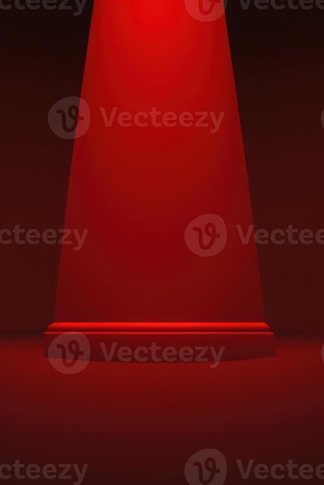 rood podium Aan rood achtergrond met plek licht. voetstuk voor Product Scherm, 3d weergegeven foto