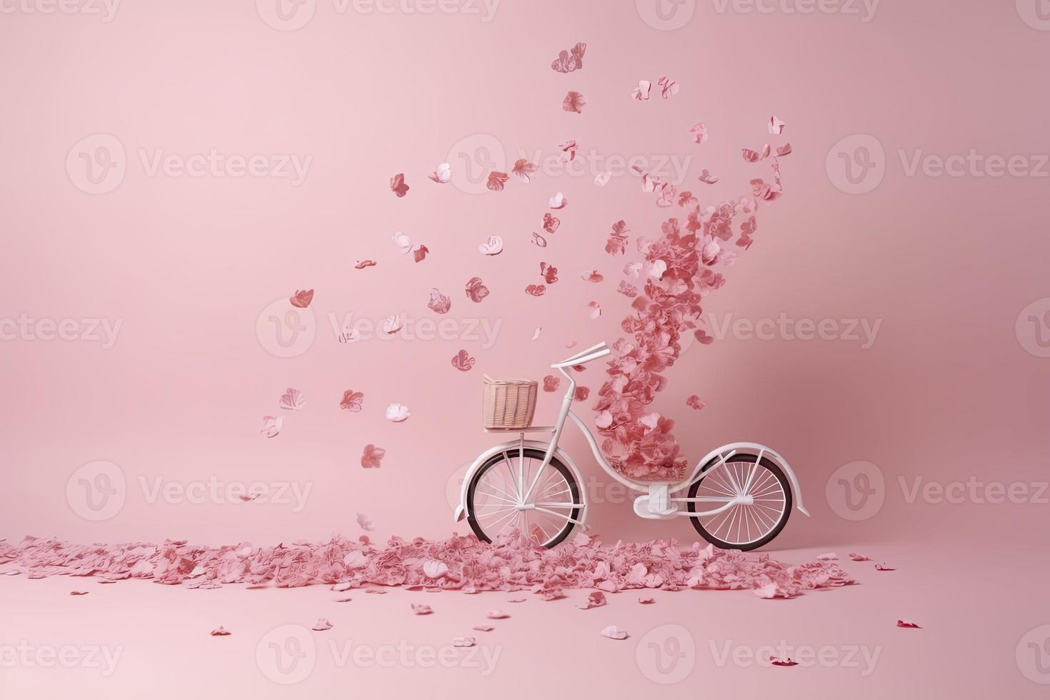 bloemen vlieg uit van roze fiets bascet Aan roze achtergrond. romantisch concept voor Valentijn dag foto