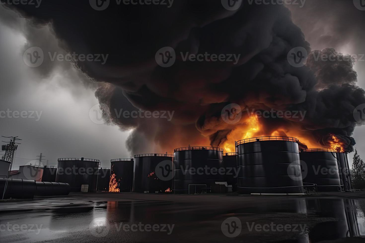 olie opslagruimte brand. de tank boerderij is brandend, zwart rook foto